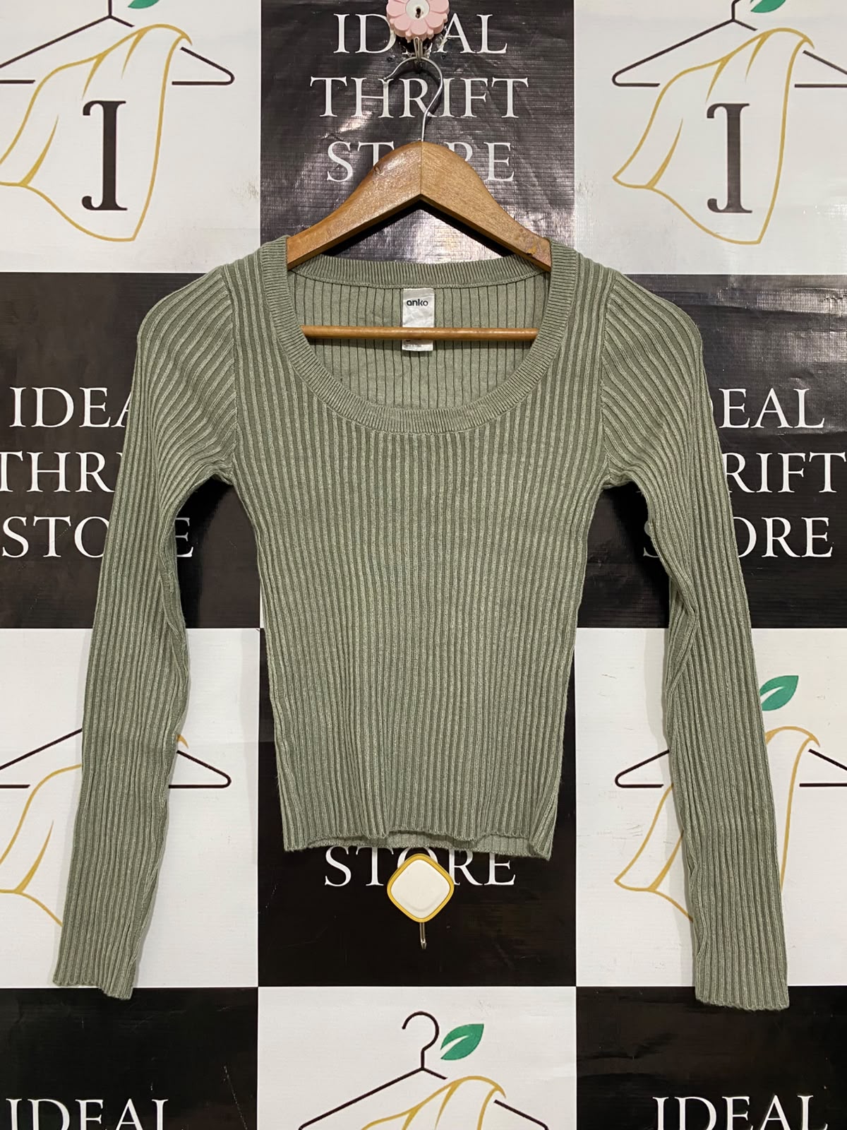 ANKO |S| BUST 12| A58| SAGE GREEN SCOOP NECK RIBBED TECHNICAL UTILITY LONG-SLEEVE TOP