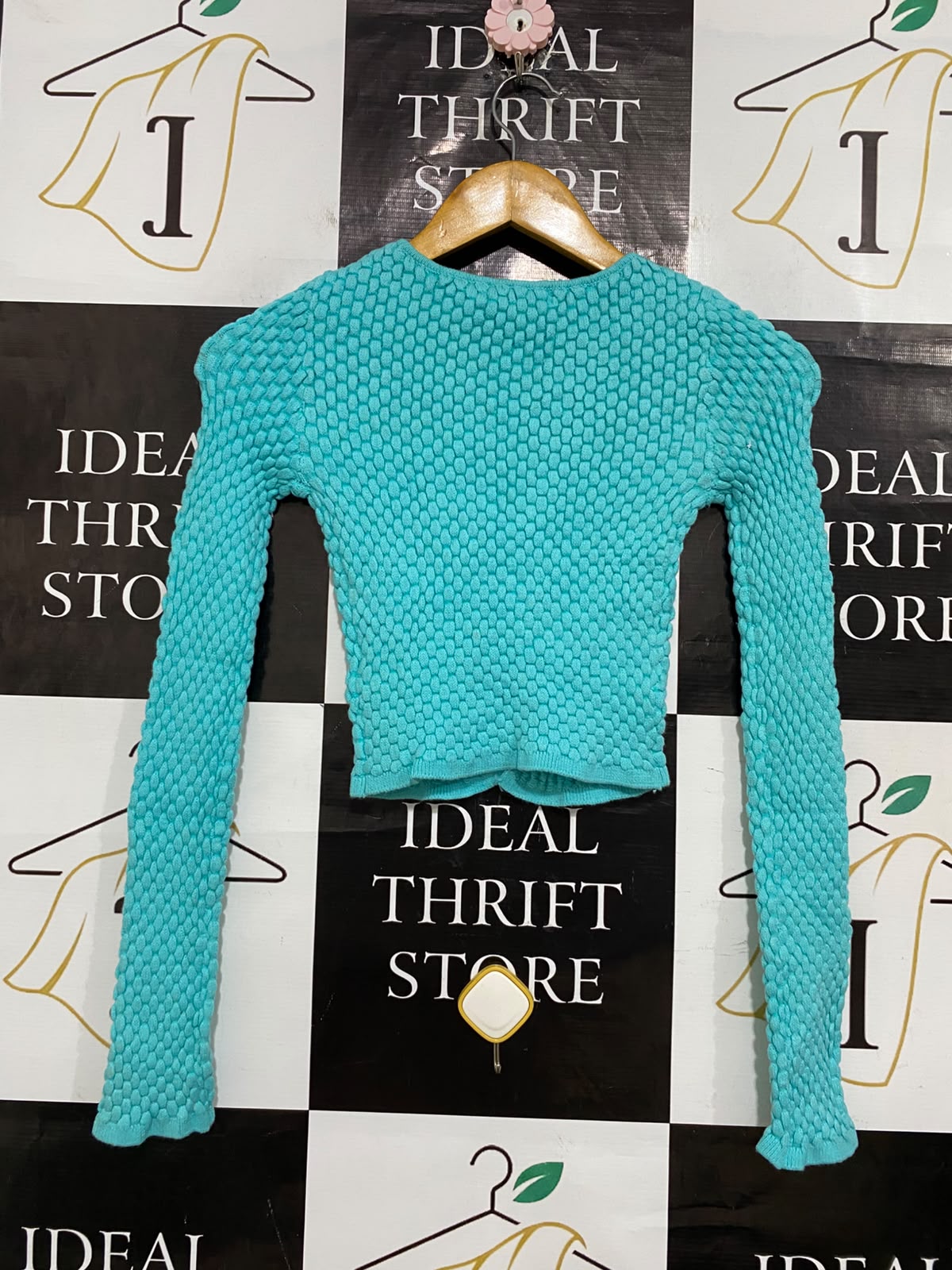 GLASSONS |XS| BUST 11| A58| TURQUOISE TEXTURED BUTTON-FRONT TECHNICAL UTILITY CROPPED CARDIGAN