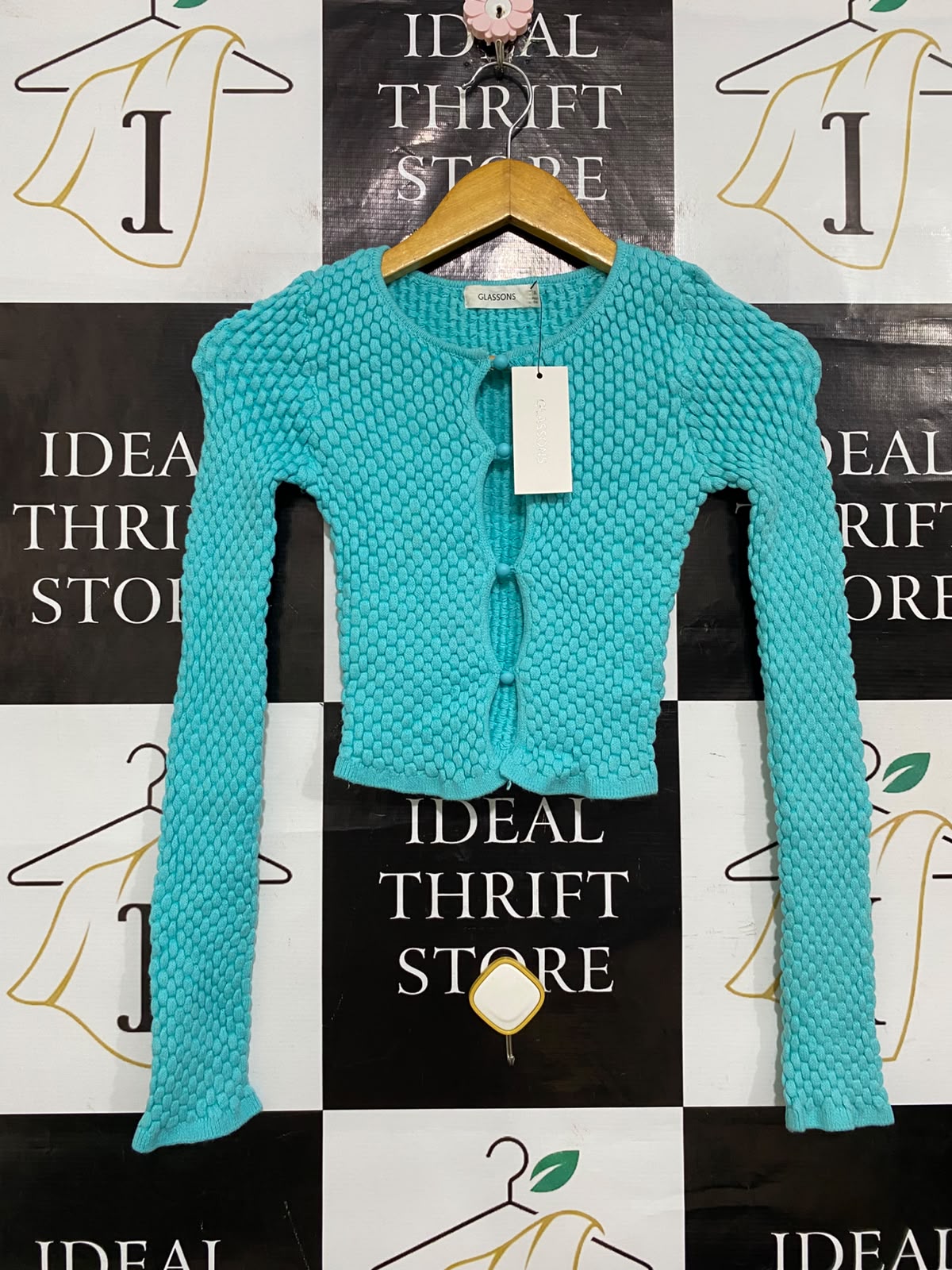 GLASSONS |XS| BUST 11| A58| TURQUOISE TEXTURED BUTTON-FRONT TECHNICAL UTILITY CROPPED CARDIGAN