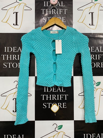 GLASSONS |XS| BUST 11| A58| TURQUOISE TEXTURED BUTTON-FRONT TECHNICAL UTILITY CROPPED CARDIGAN