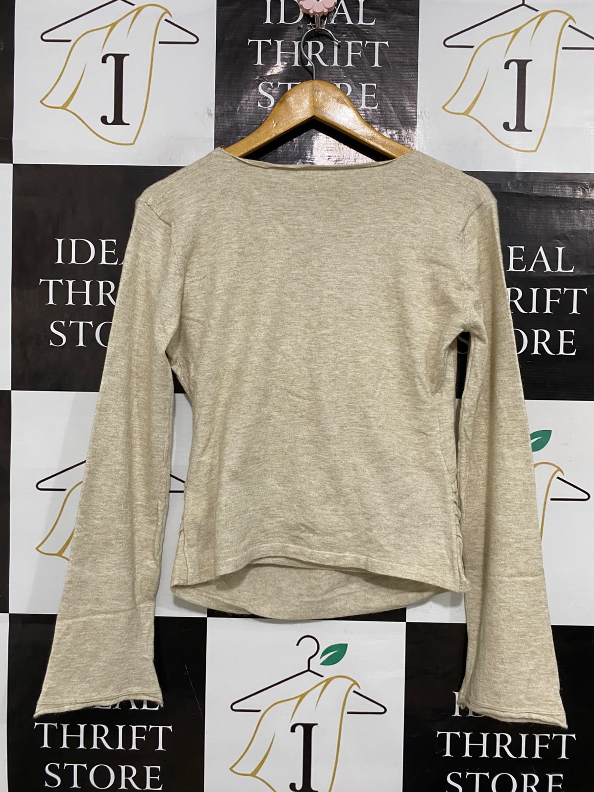 |S| BUST 17| A58| OATMEAL WRAP-FRONT FLARED-SLEEVE TECHNICAL UTILITY TOP