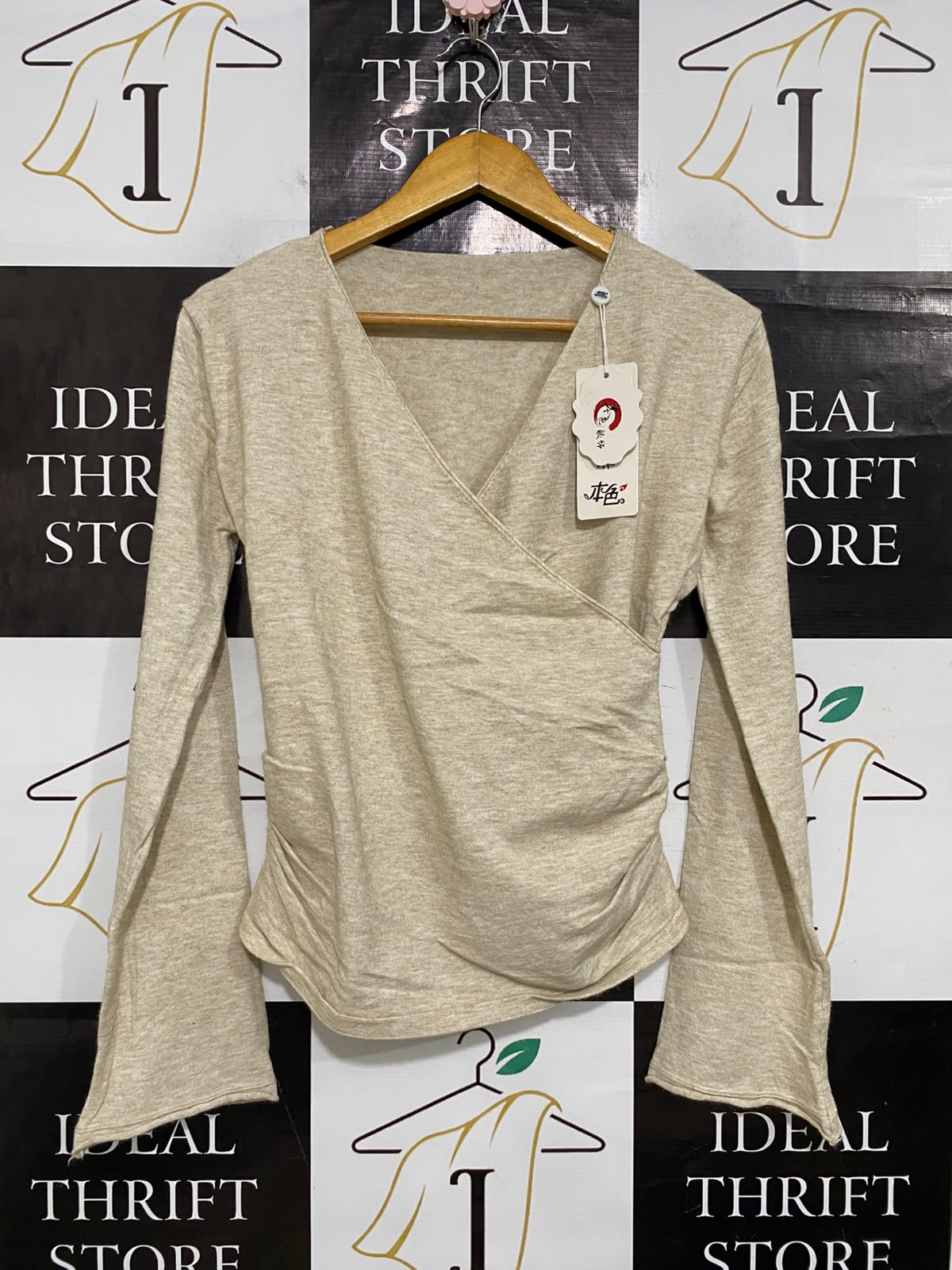 |S| BUST 17| A58| OATMEAL WRAP-FRONT FLARED-SLEEVE TECHNICAL UTILITY TOP