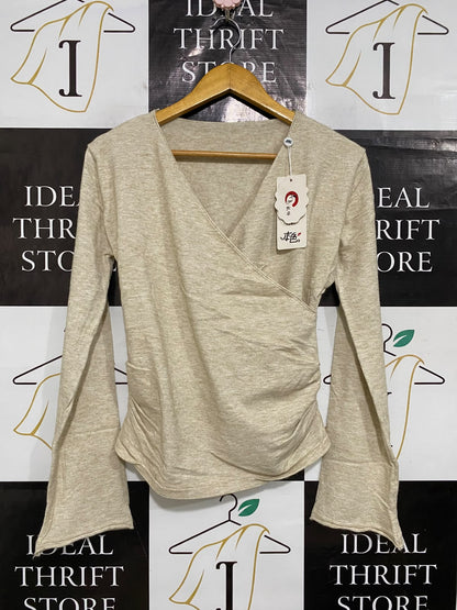 |S| BUST 17| A58| OATMEAL WRAP-FRONT FLARED-SLEEVE TECHNICAL UTILITY TOP
