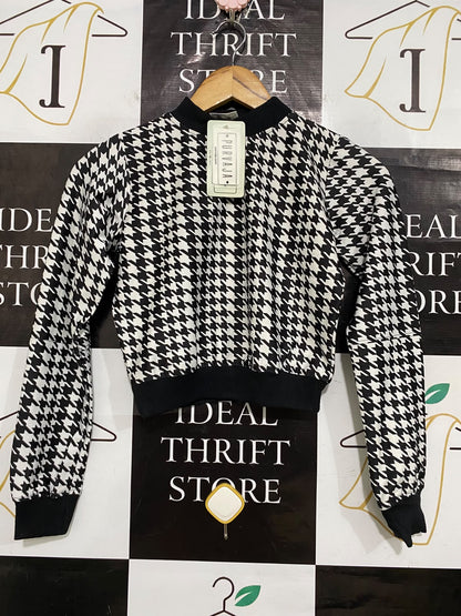 PURVAJA |S| BUST 16| A58| BLACK & WHITE HOUNDSTOOTH TECHNICAL UTILITY CROPPED SWEATSHIRT