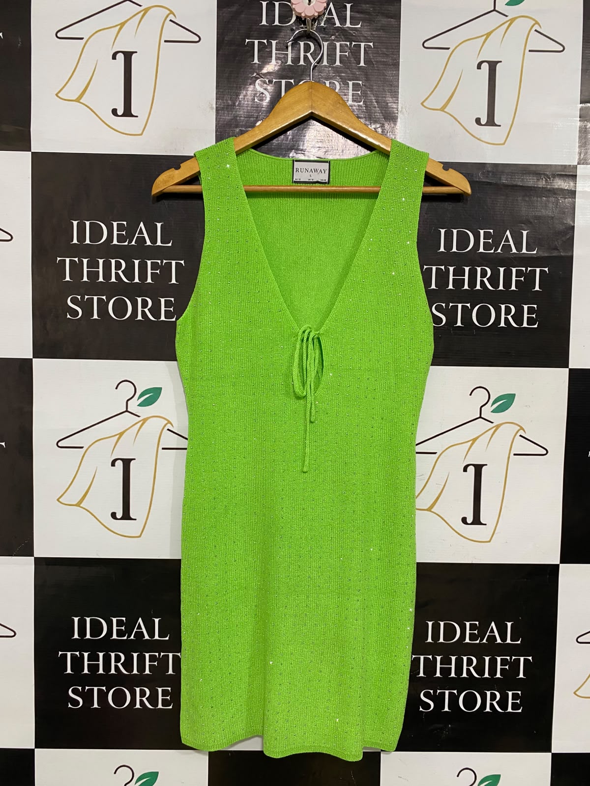 RUNWAY |L| BUST 15| A58| LIME GREEN V-NECK TIE-FRONT TECHNICAL UTILITY MINI DRESS