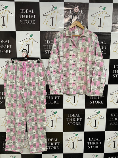 FOR HER |L| A58| PINK & GREY CAT-PRINT TECHNICAL UTILITY PAJAMA SET