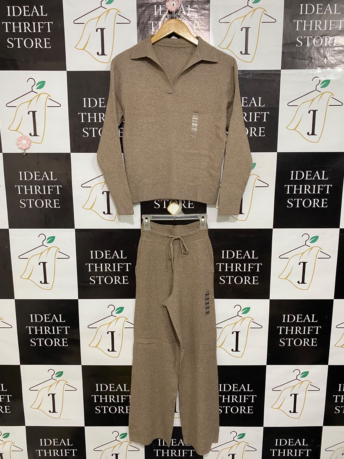UNIQLO |S| A58| TAUPE RIBBED POLO AND WIDE-LEG TROUSER TECHNICAL UTILITY SET