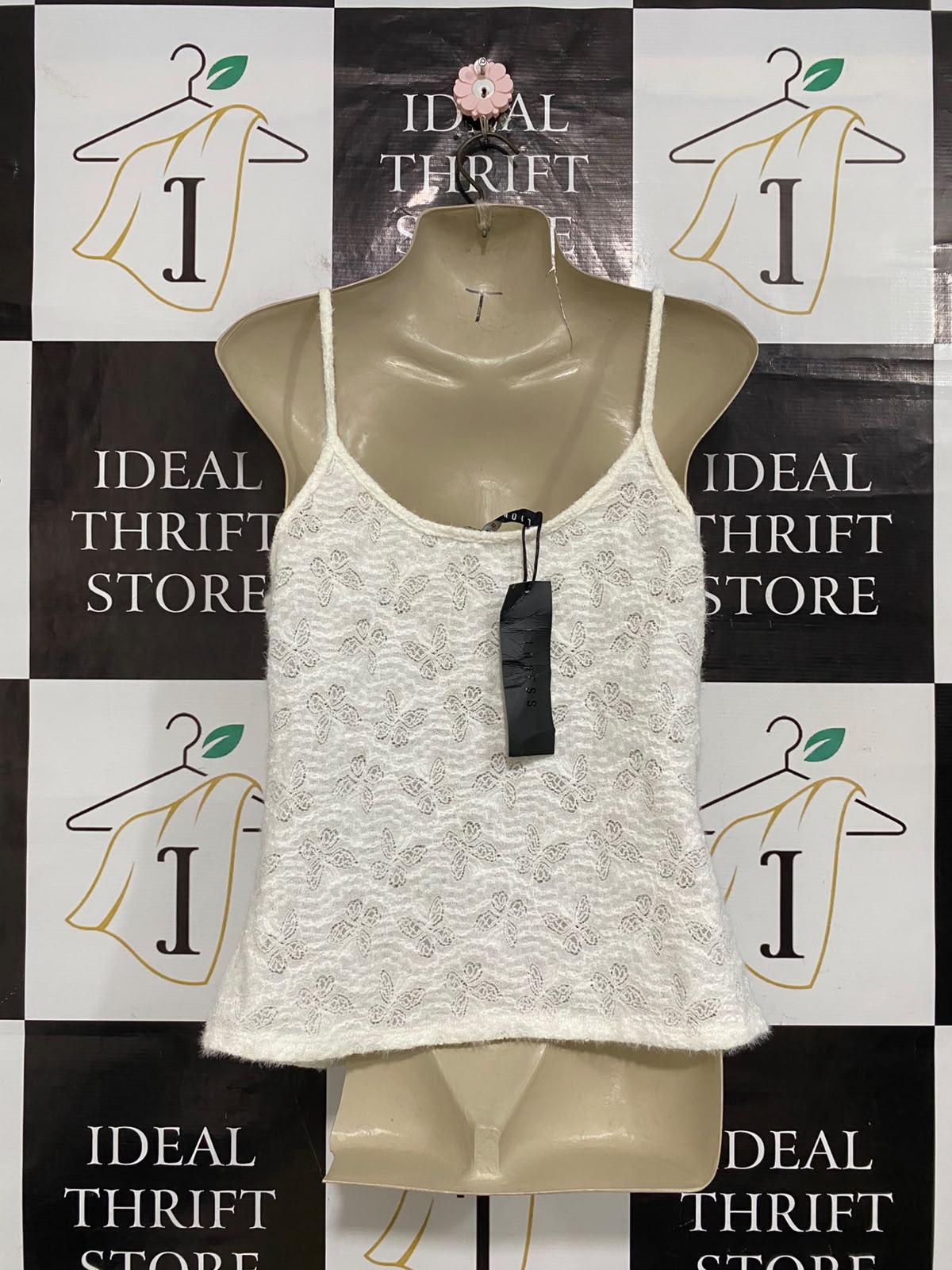 LIONEES |XL| BUST 18| A58| WHITE BUTTERFLY JACQUARD SLIP-STRAP TECHNICAL UTILITY CAMI TOP