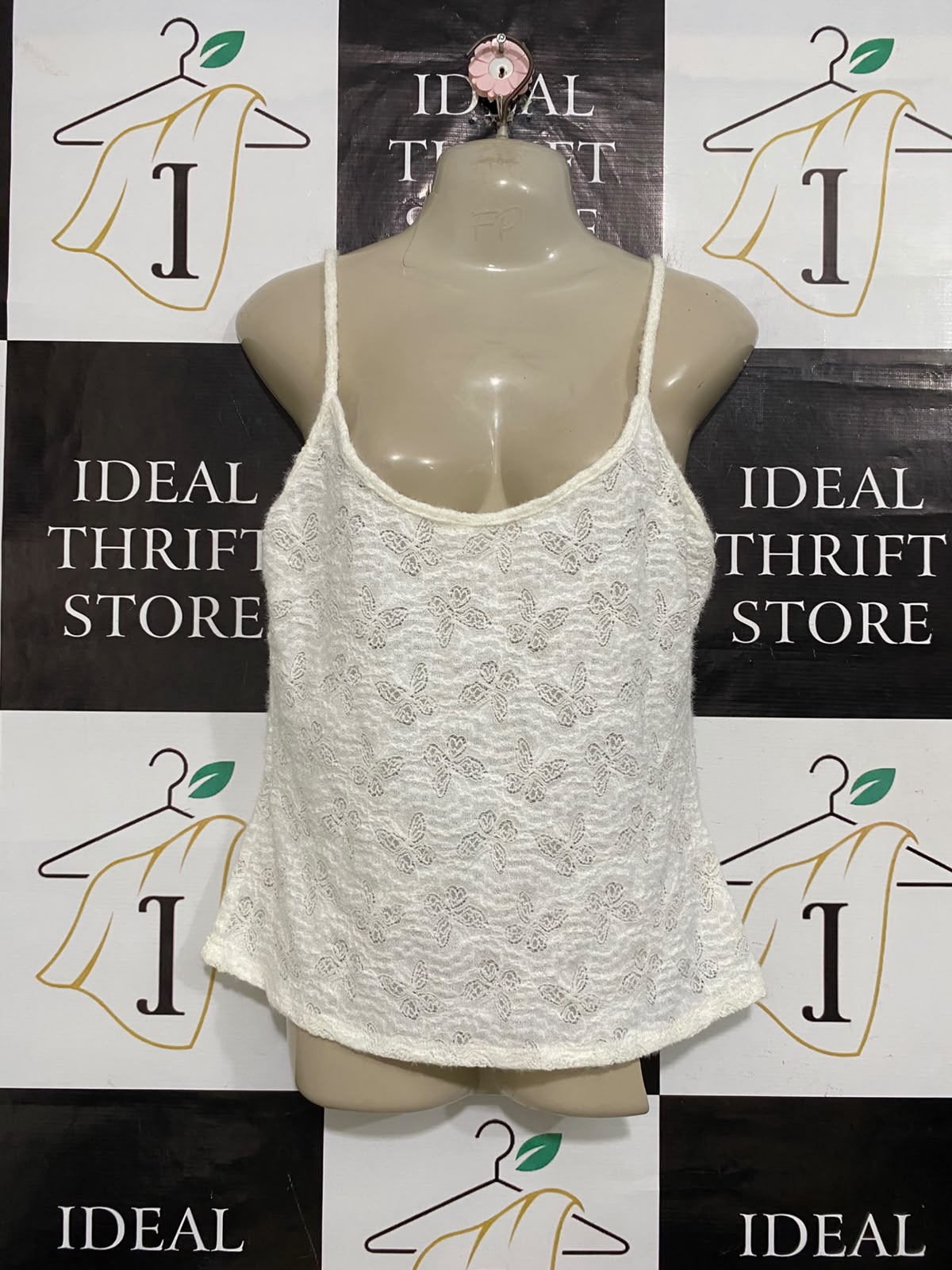 LIONEES |XL| BUST 18| A58| WHITE BUTTERFLY JACQUARD SLIP-STRAP TECHNICAL UTILITY CAMI TOP