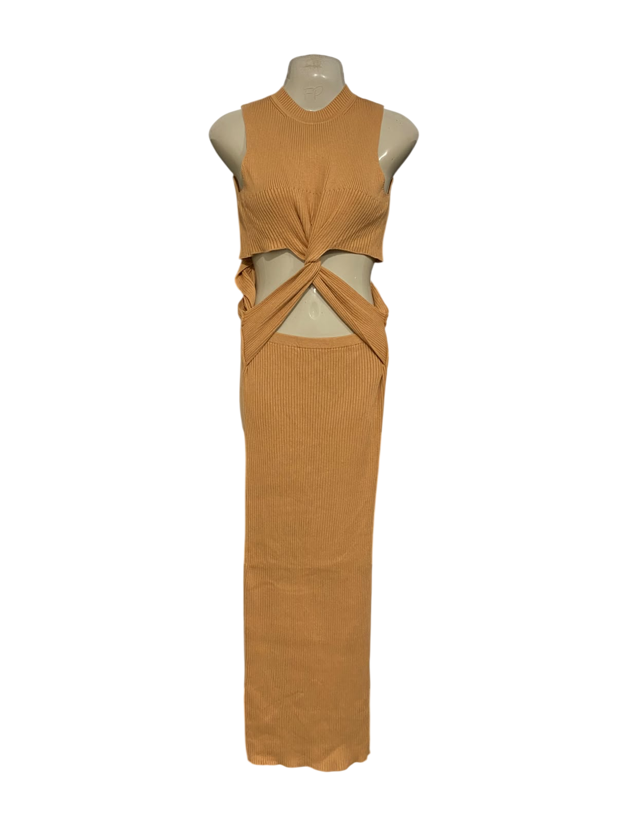 AERE |S| BUST 15| A59| CAMEL RIBBED TWIST-FRONT CUT-OUT TECHNICAL UTILITY MIDI DRESS
