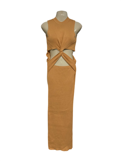 AERE |S| BUST 15| A59| CAMEL RIBBED TWIST-FRONT CUT-OUT TECHNICAL UTILITY MIDI DRESS