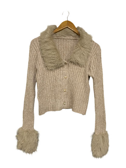 SHEIN |L| BUST 17| A59| BEIGE RIBBED FAUX-FUR TRIM BUTTON-FRONT TECHNICAL UTILITY CARDIGAN TOP