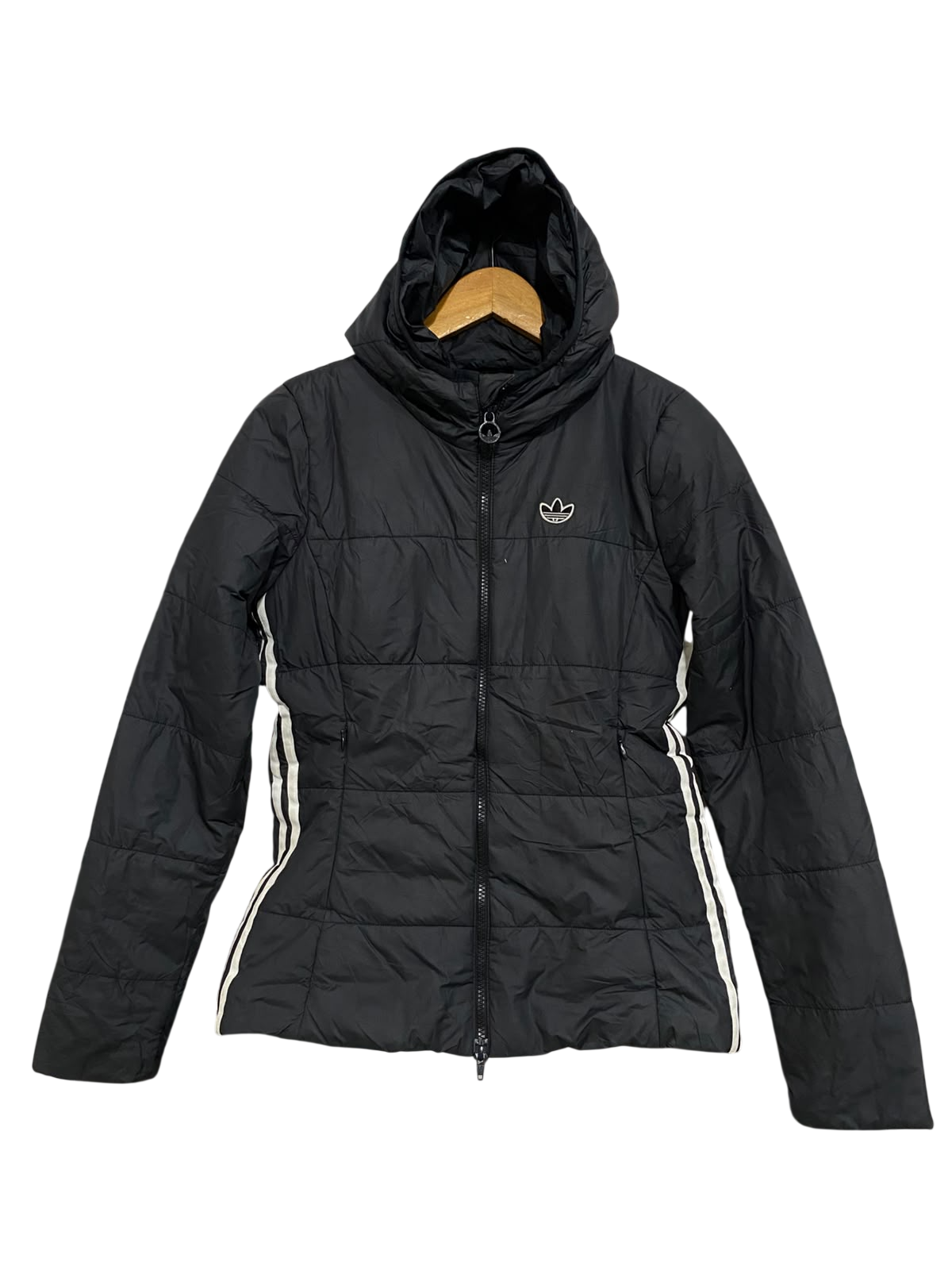 ADIDAS |S| BUST 18| A59| BLACK HOODED THREE-STRIPE TECHNICAL UTILITY PUFFER JACKET