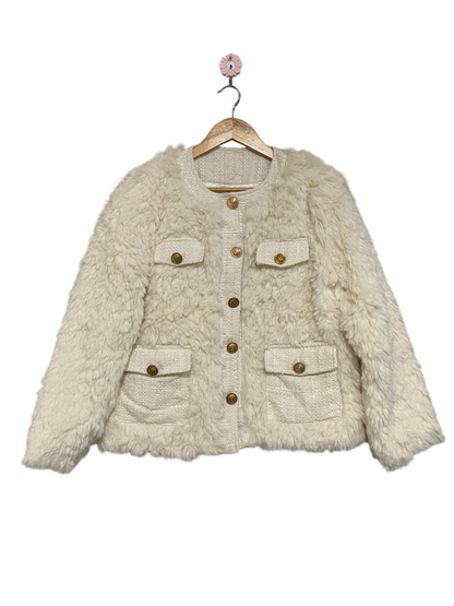 LA CHAPELLE |M| BUST 22| A59| CREAM TEXTURED FAUX-FUR & TWEED GOLD-BUTTON TECHNICAL UTILITY JACKET