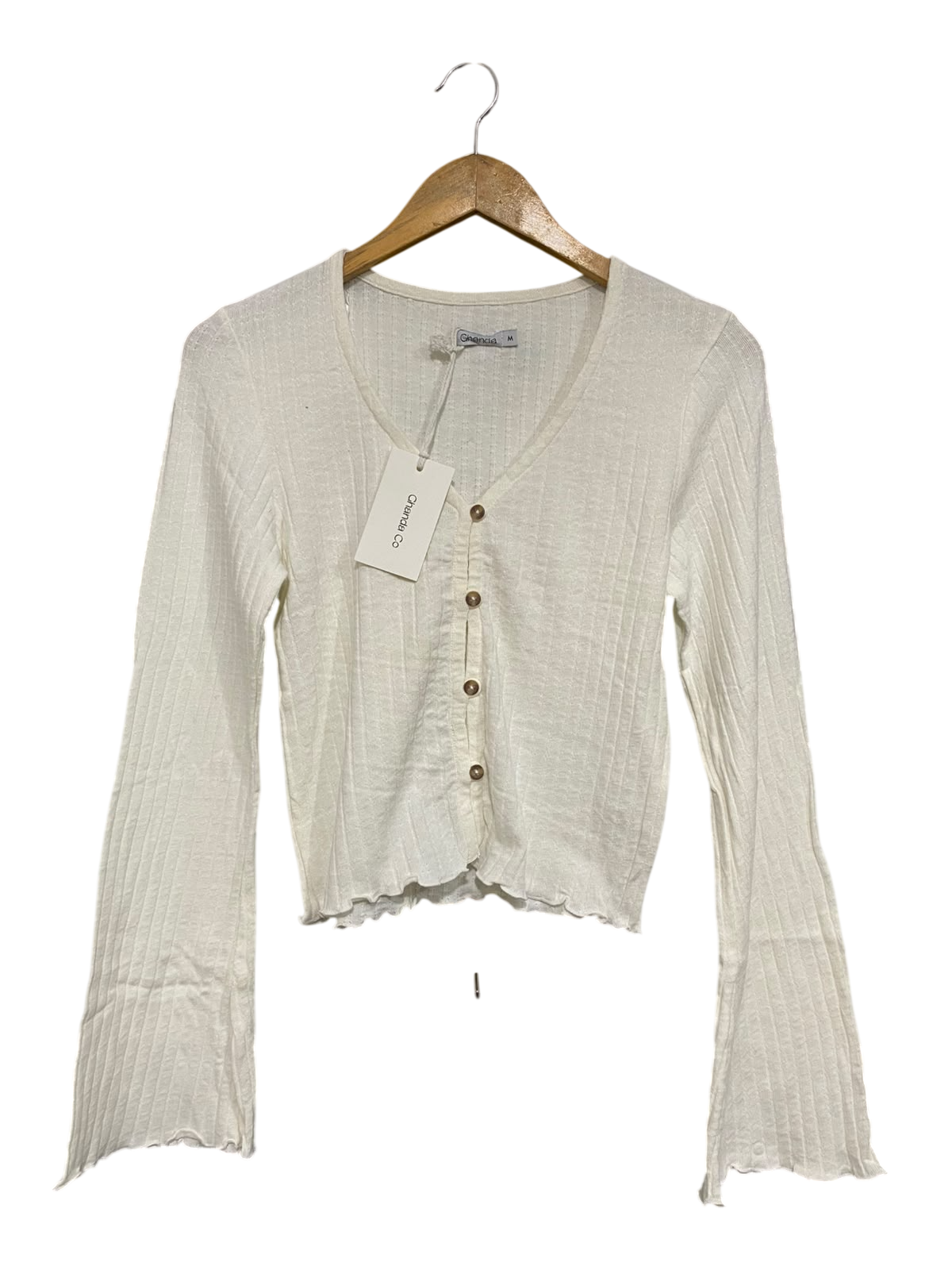 GHANDA |M| BUST 15| A59| WHITE RIBBED BELL-SLEEVE TECHNICAL UTILITY CARDIGAN TOP