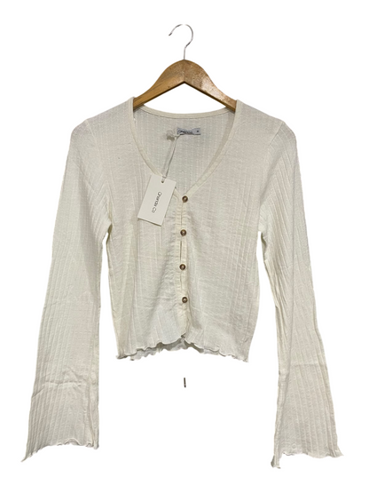 GHANDA |M| BUST 15| A59| WHITE RIBBED BELL-SLEEVE TECHNICAL UTILITY CARDIGAN TOP