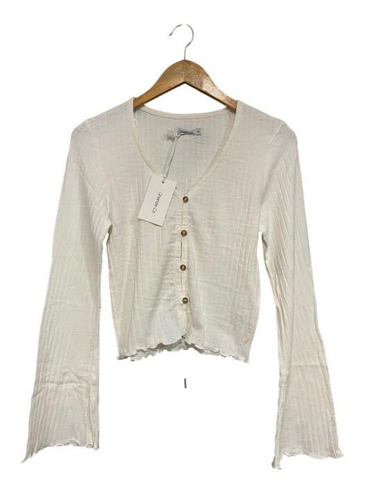 GHANDA |M| BUST 15| A59| WHITE RIBBED BELL-SLEEVE TECHNICAL UTILITY CARDIGAN TOP