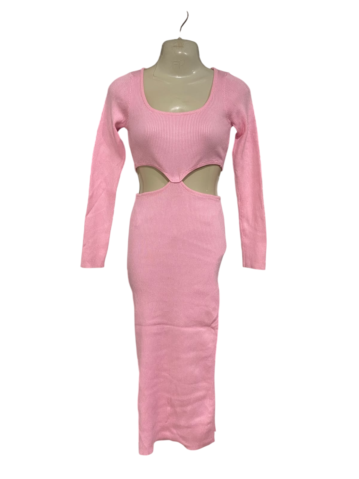 MY GIRL |S| BUST 15| A59| PASTEL PINK CUTOUT LONG-SLEEVE RIBBED TECHNICAL UTILITY MIDI DRESS