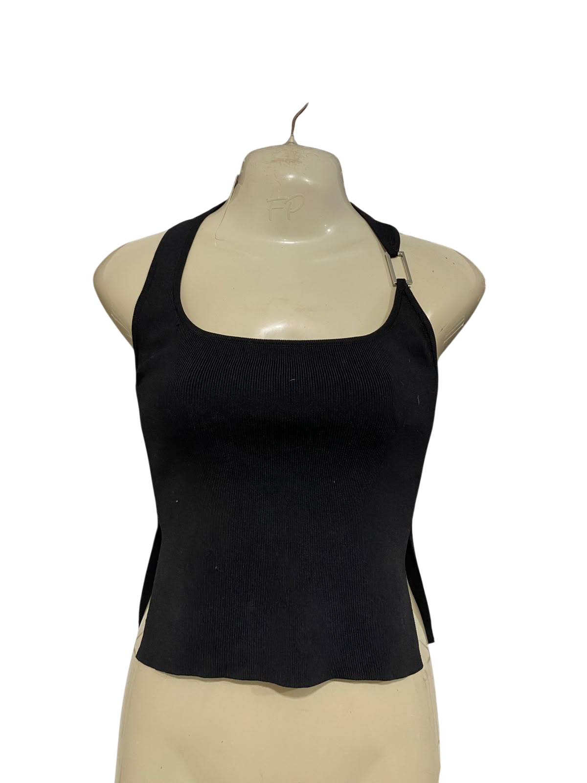 WHITE FOX |XS| BUST 15| A59| BLACK HARDWARE-BUCKLE SQUARE-NECK TECHNICAL UTILITY CROP TOP