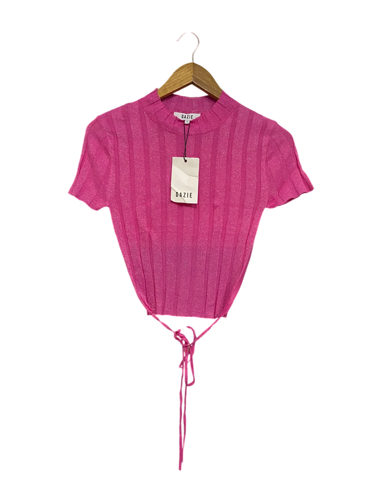 DAZIE |S| BUST 14| A59| HOT PINK METALLIC-SHIMMER CREWNECK BACK-TIE TECHNICAL UTILITY CROP TOP