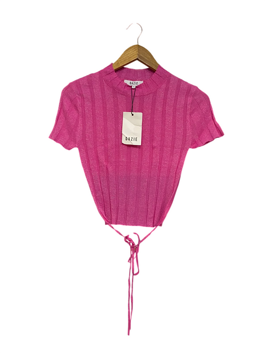 DAZIE |S| BUST 14| A59| HOT PINK METALLIC-SHIMMER CREWNECK BACK-TIE TECHNICAL UTILITY CROP TOP