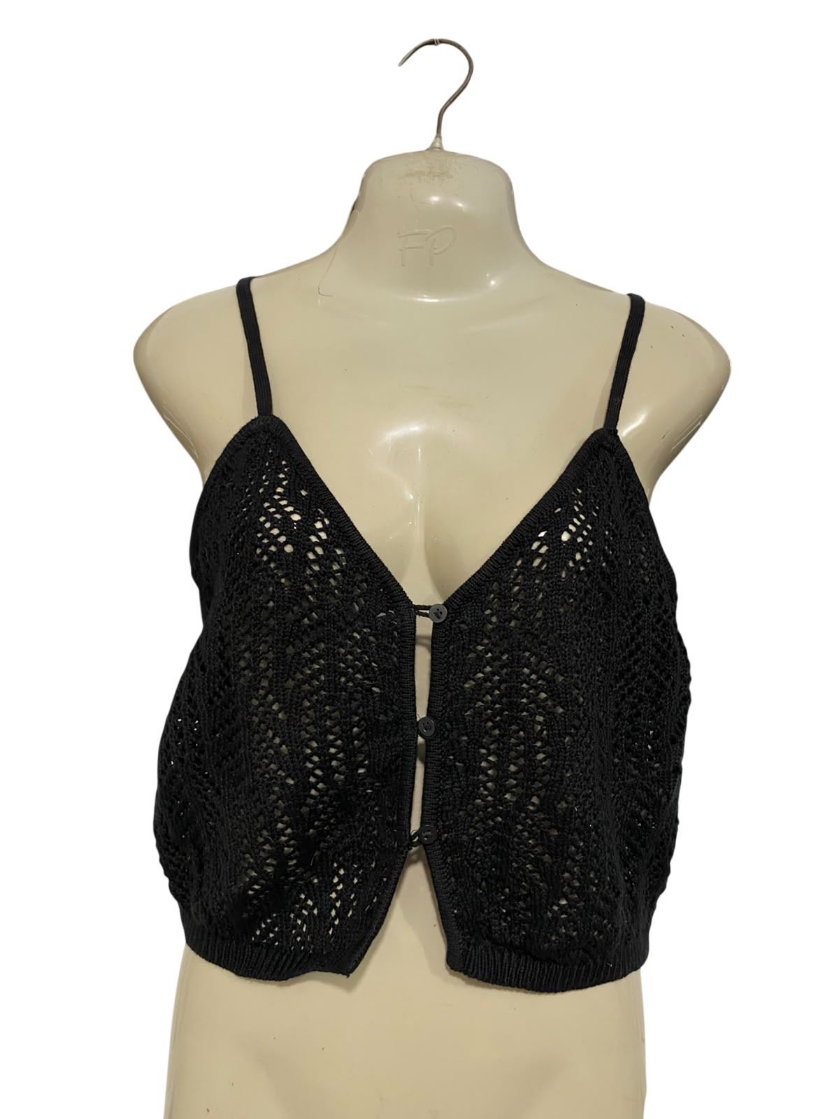 COTTON ON |M| BUST 16| A59| BLACK OPEN-KNIT BUTTON-FRONT TECHNICAL UTILITY CROP TOP