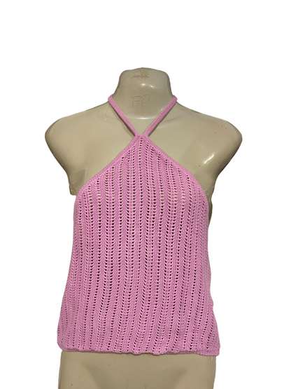 COTTON ON |M| BUST 15| A59| PASTEL PINK OPEN-KNIT HALTER-NECK TECHNICAL UTILITY CROP TOP