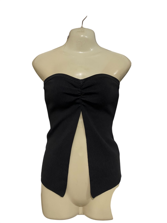 GLASSONS |S| BUST 15| A59| BLACK STRAPLESS FRONT-SPLIT RIBBED TECHNICAL UTILITY TUBE TOP