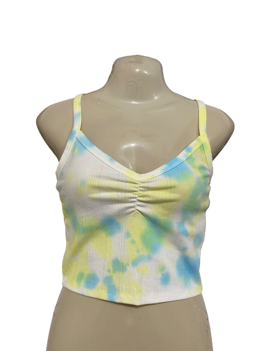 SUPRE |XS| BUST 15| A59|TIE-DYE PASTEL FRONT-RUCHED V-NECK TECHNICAL UTILITY CROP TOP