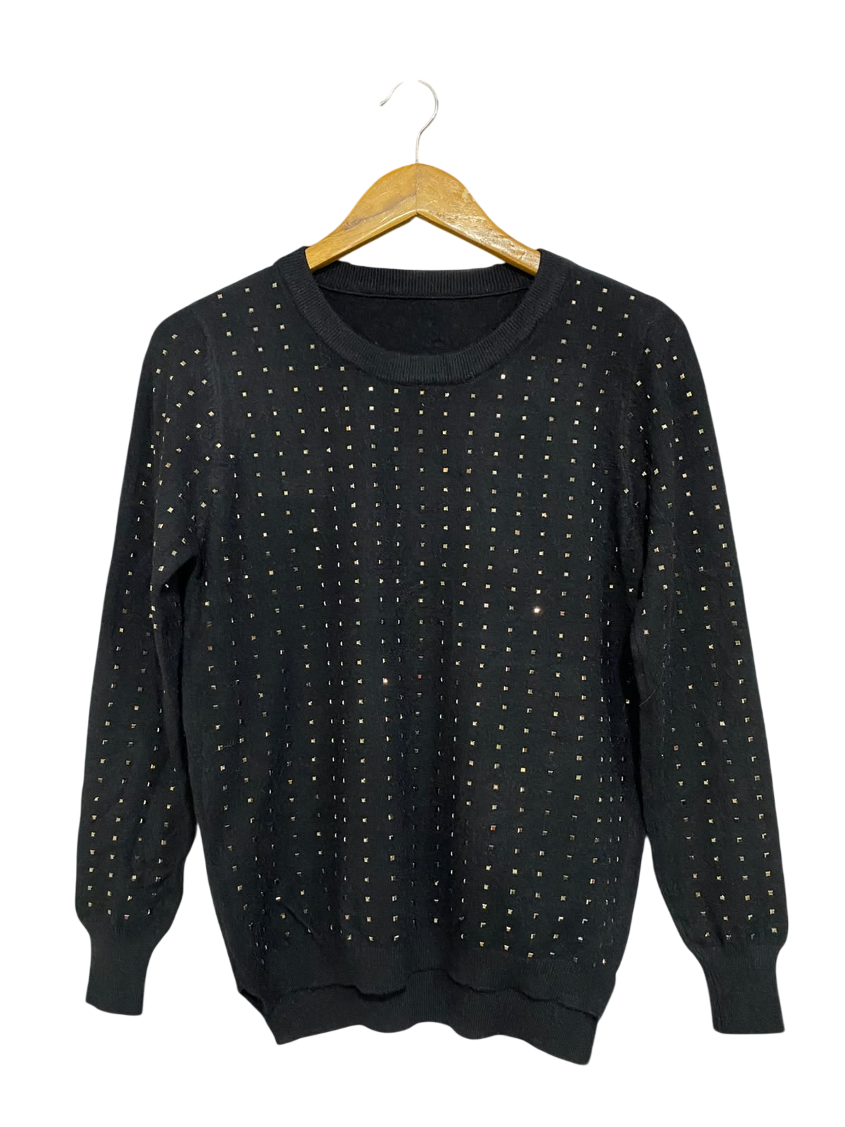 |M| BUST 18| A60|BLACK METALLIC-STUDDED CREWNECK TECHNICAL UTILITY SWEATER