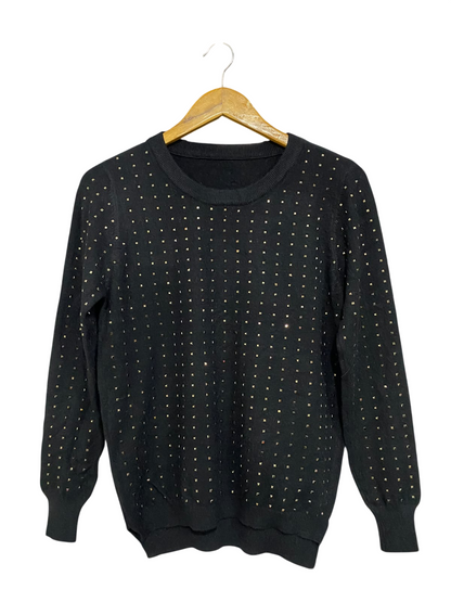 |M| BUST 18| A60|BLACK METALLIC-STUDDED CREWNECK TECHNICAL UTILITY SWEATER