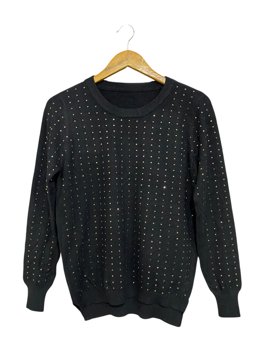 |M| BUST 18| A60|BLACK METALLIC-STUDDED CREWNECK TECHNICAL UTILITY SWEATER