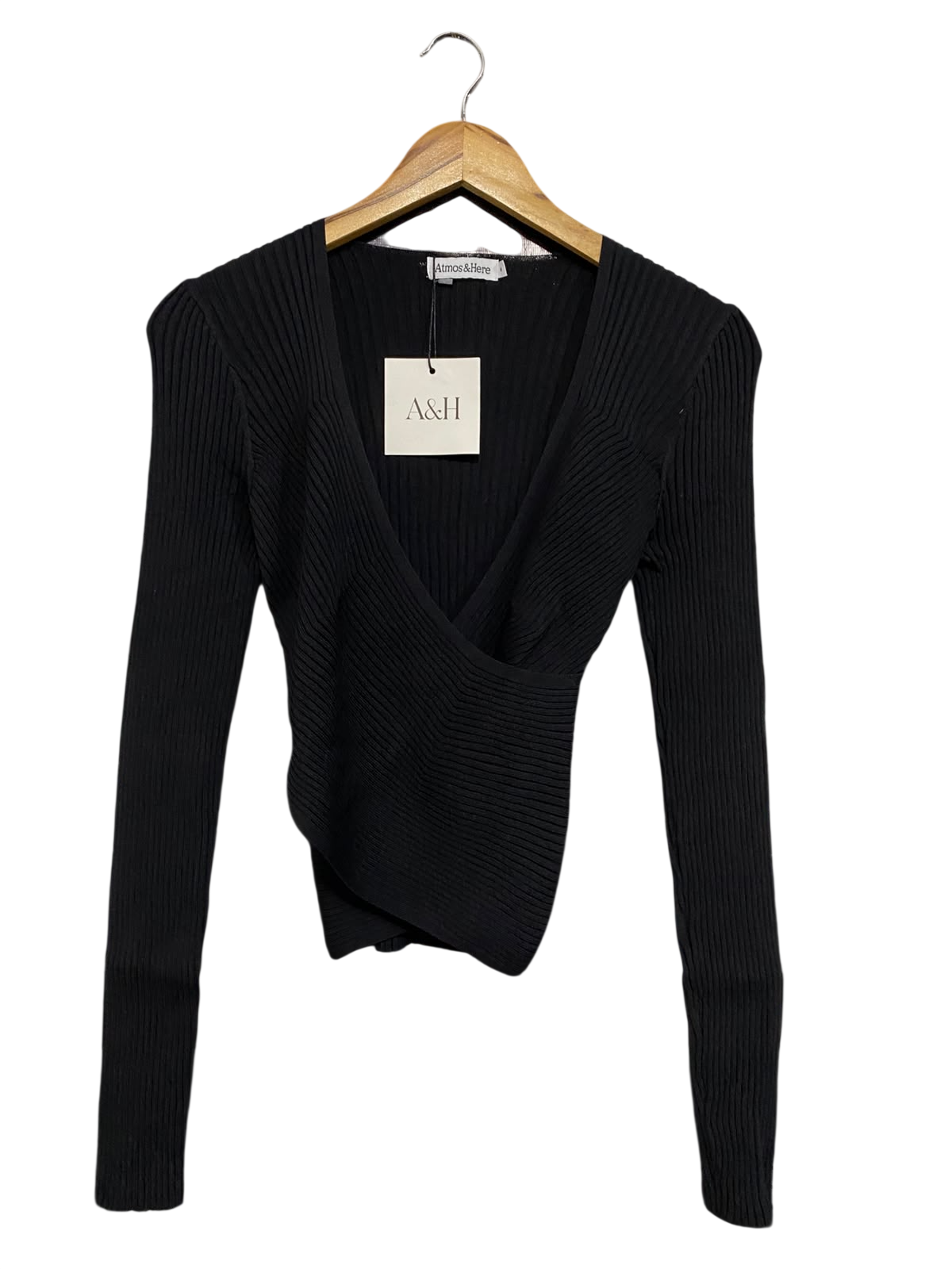 ATMOS & HERE |S| BUST 13| A60| BLACK WRAP-FRONT RIBBED LONG-SLEEVE TECHNICAL UTILITY TOP