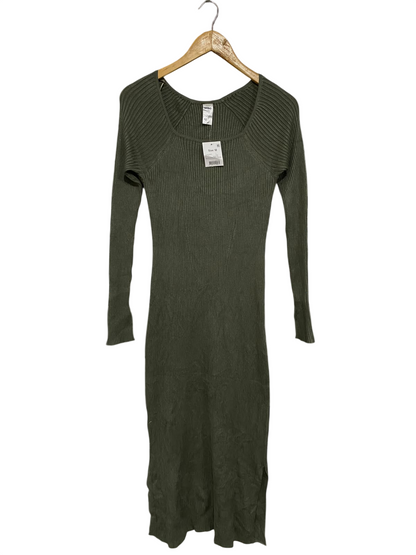ANKO |S| BUST 14| A60| OLIVE GREEN RIBBED SQUARE-NECK LONG-SLEEVE TECHNICAL UTILITY MIDI DRESS