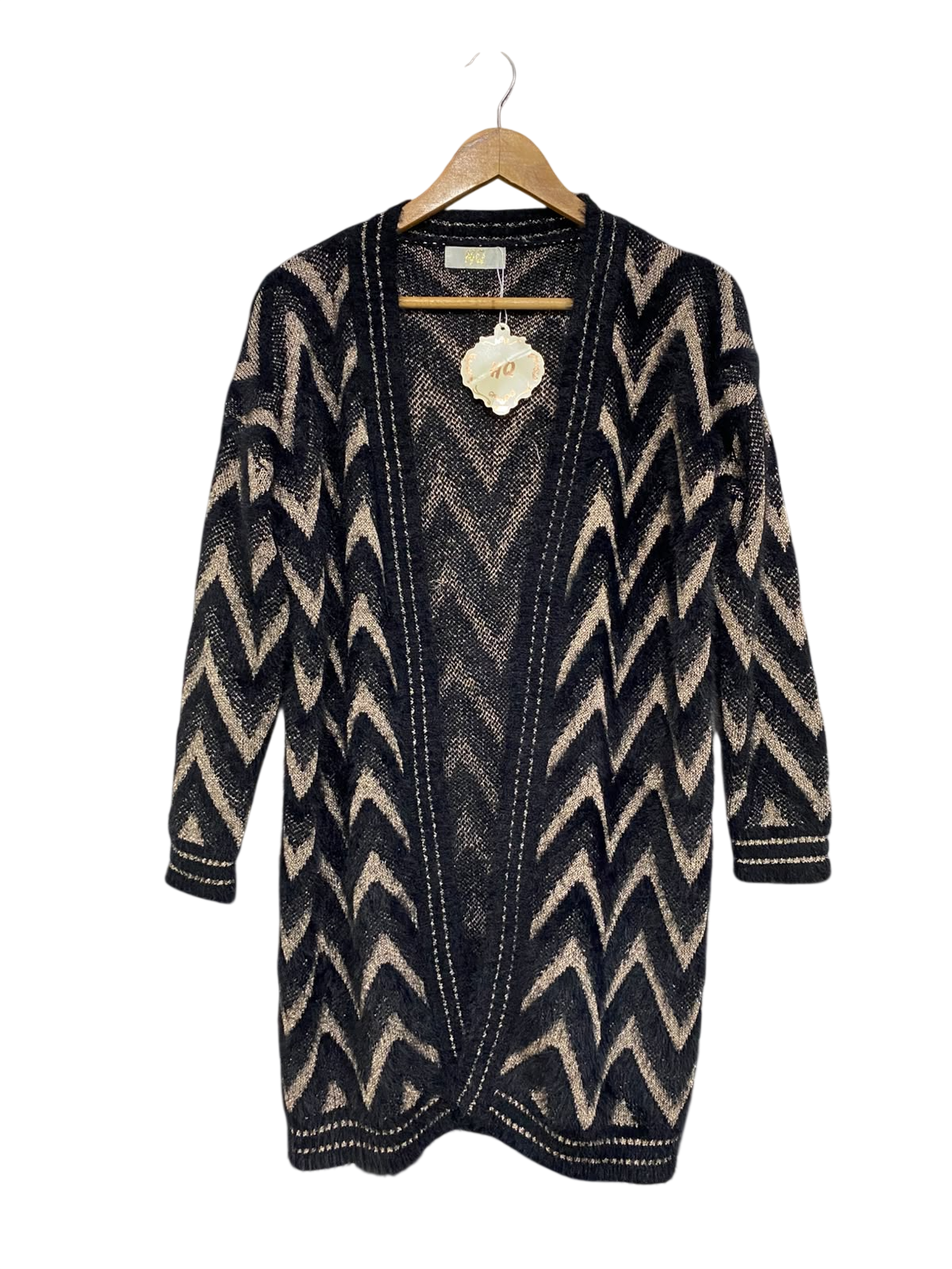 HQ |L| BUST 21| A60| BLACK AND CAMEL CHEVRON-PATTERN OPEN-FRONT TECHNICAL UTILITY LONG CARDIGAN