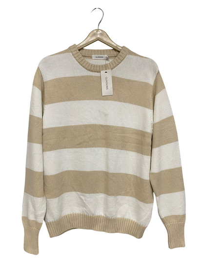 GLASSONS |XS| BUST 21| A60| CAMEL AND WHITE STRIPED CREWNECK TECHNICAL UTILITY SWEATER