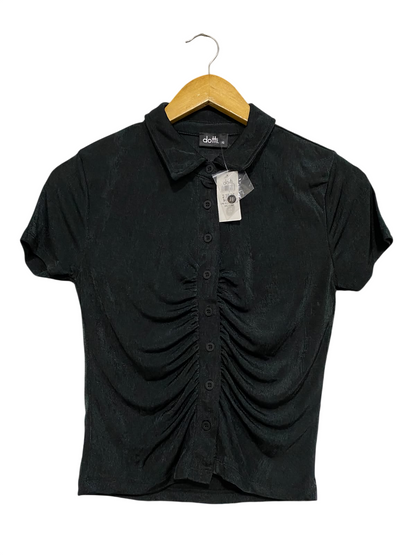 DOTTI |XS| BUST 16| A60| BLACK FRONT-RUCHED BUTTON-UP TECHNICAL UTILITY POLO TOP