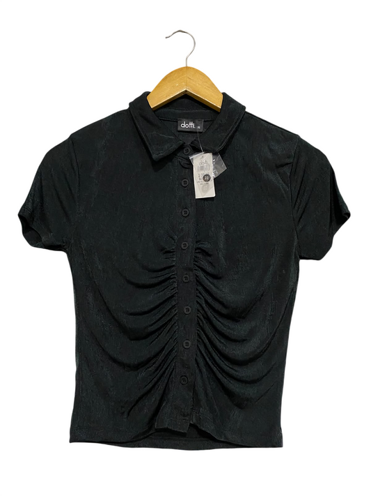 DOTTI |XS| BUST 16| A60| BLACK FRONT-RUCHED BUTTON-UP TECHNICAL UTILITY POLO TOP