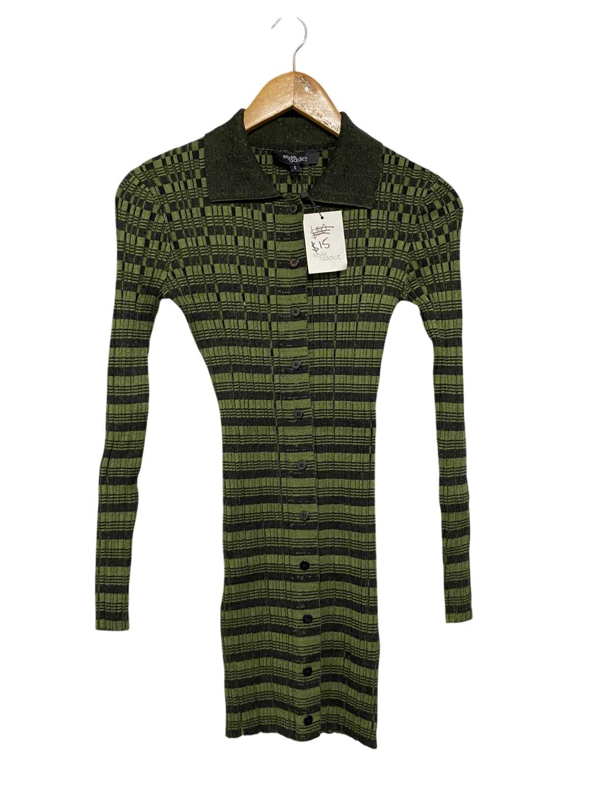 STYLE ADDICT |S| BUST 13| A60| OLIVE GREEN CHECKERED-STRIPE BUTTON-FRONT TECHNICAL UTILITY POLO DRESS