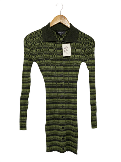 STYLE ADDICT |S| BUST 13| A60| OLIVE GREEN CHECKERED-STRIPE BUTTON-FRONT TECHNICAL UTILITY POLO DRESS
