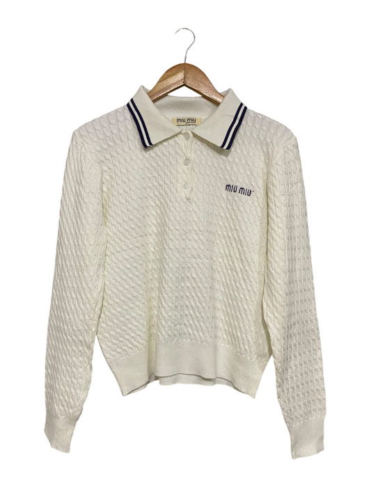 MIU MIU |L| BUST 20| A60| OFF-WHITE CABLE-KNIT STRIPED COLLAR TECHNICAL UTILITY POLO SWEATER
