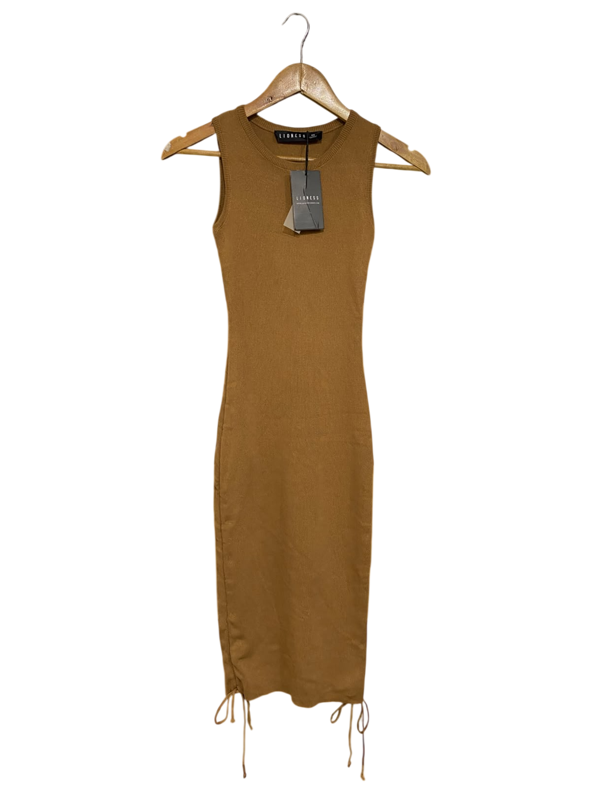 LIONESS |XS| BUST 12| A60| CAMEL RIBBED CREWNECK SIDE-RUCHED TECHNICAL UTILITY MIDI DRESS