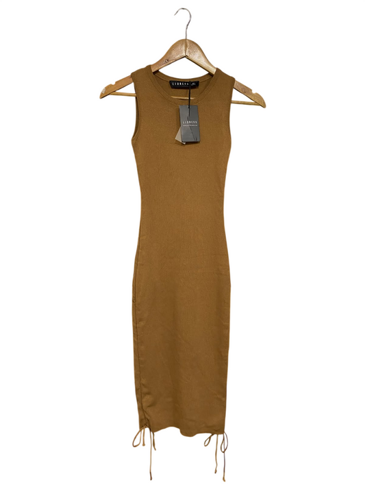 LIONESS |XS| BUST 12| A60| CAMEL RIBBED CREWNECK SIDE-RUCHED TECHNICAL UTILITY MIDI DRESS