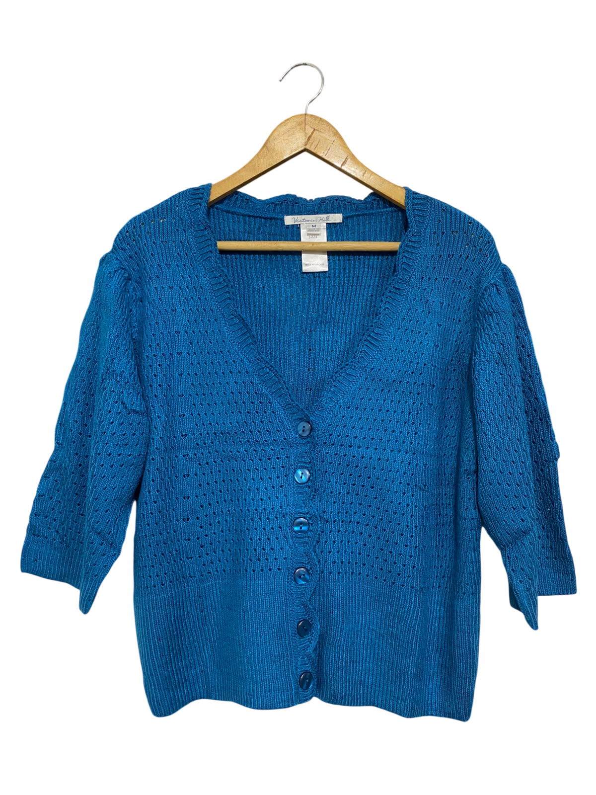 VICTORIC HILL |M| BUST 21| A60| BLUE BUTTON-FRONT OPEN-WORK KNIT TECHNICAL UTILITY CARDIGAN