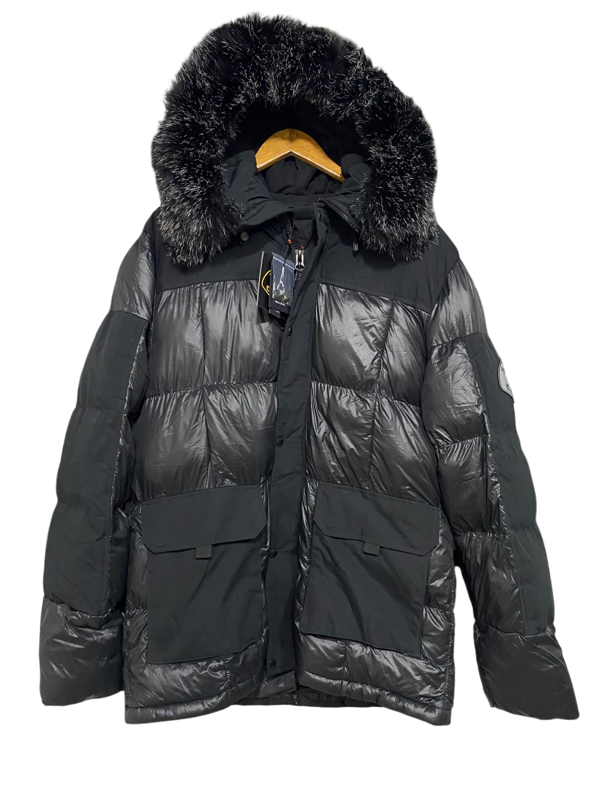 ZAVETTI CANADA |L| BUST 23| A60| BLACK GLOSSY PUFFER JACKET WITH FAUX-FUR HOOD TECHNICAL UTILITY PARKA