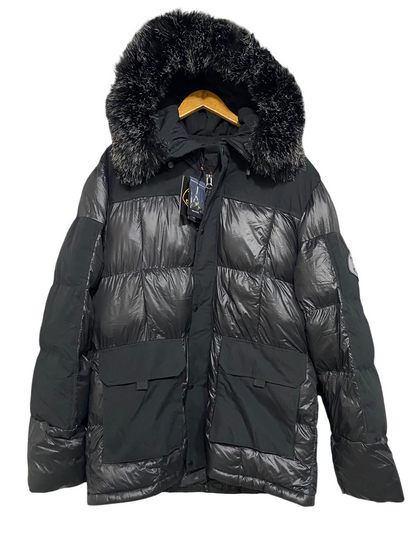 ZAVETTI CANADA |L| BUST 23| A60| BLACK GLOSSY PUFFER JACKET WITH FAUX-FUR HOOD TECHNICAL UTILITY PARKA