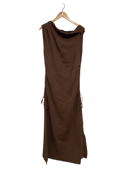 LIONESS |XL| BUST 18| A60| BROWN COWL-NECK SIDE-RUCHED TECHNICAL UTILITY MIDI DRESS