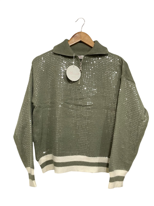MIRACLE |S/M| BUST 21| A60| SAGE GREEN SEQUIN-EMBELLISHED QUARTER-ZIP TECHNICAL UTILITY SWEATER