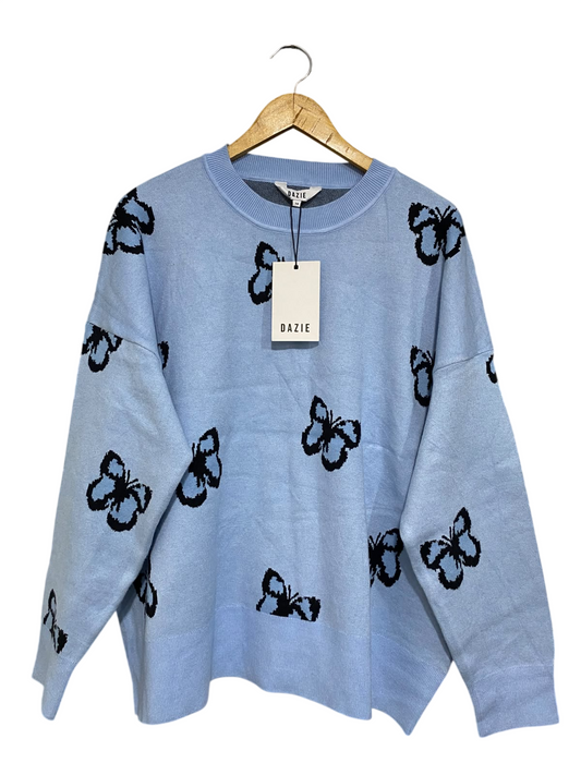 DAZIE |L| BUST 27| A60| LIGHT BLUE BUTTERFLY-PRINT TECHNICAL UTILITY CREWNECK SWEATER