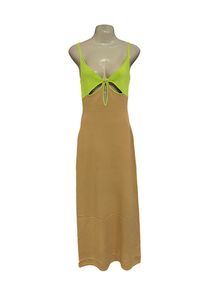 GINIA |S| BUST 15| A60| LIME & CAMEL COLORBLOCK CUTOUT TECHNICAL UTILITY MAXI DRESS